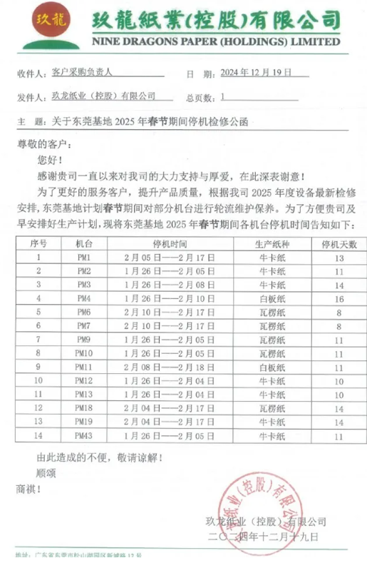 东莞玖龙发布2025年春节停机检修计划