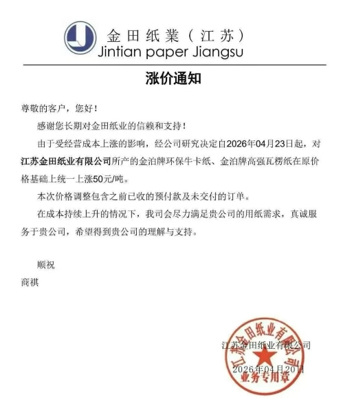玖龙、金田等纸厂齐发涨价函 单次涨幅50元/吨 停机计划同步更新(图6)