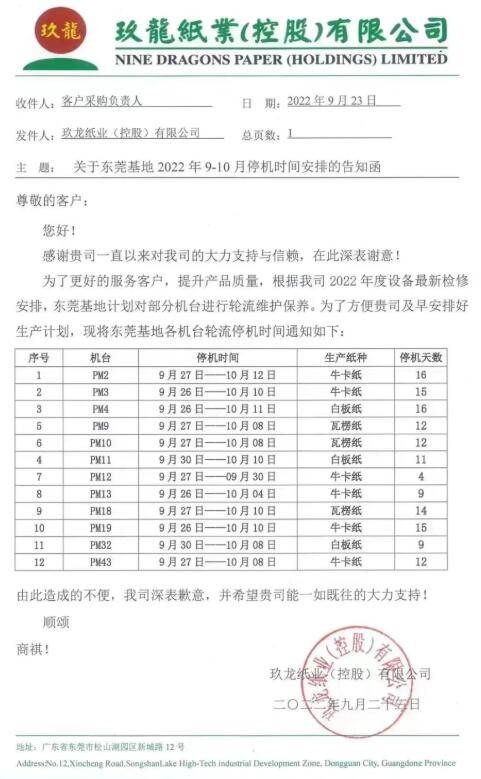 东莞玖龙12台纸机轮流停产！玖龙多基地发布国庆后涨价计划(图1)