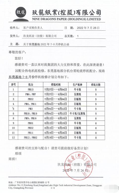 东莞玖龙14台纸机今起轮流停机 预计减产超过15万吨(图1)