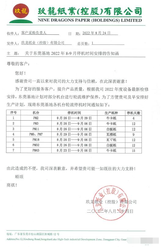 东莞玖龙多台纸机继续停产 旗下废纸收购价暂时稳定(图1)